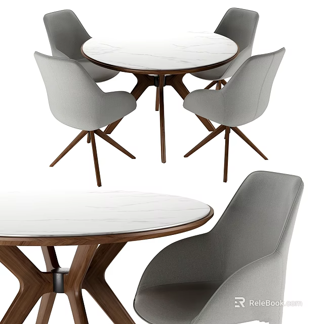 Modern Round Dining Table And Gray Fabric Chairs Set With Marble Top And Wooden Legs 3d model 