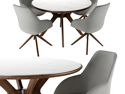 Modern Round Dining Table And Gray Fabric Chairs Set With Marble Top And Wooden Legs 3d model