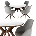 Modern Round Dining Table And Gray Fabric Chairs Set With Marble Top And Wooden Legs