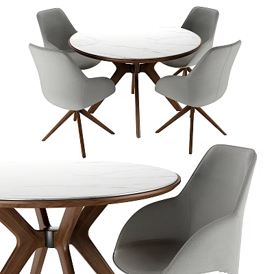 Modern Round Dining Table And Gray Fabric Chairs Set With Marble Top And Wooden Legs 3d model