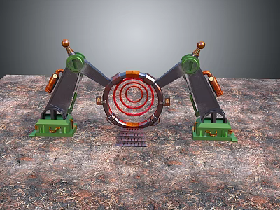 Green Mechanical Structure With Red Circular Target And Metal Track On Rough Surface 3d model