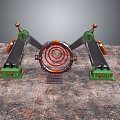 Green Mechanical Structure With Red Circular Target And Metal Track On Rough Surface