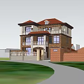 Two Story Detached Villa With Balconies Palm Trees And Paved Driveway