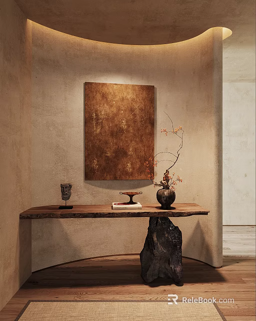 Earthy Tone Interior With Wooden Console Table Vase Flower Branch Decorative Item And Books 3d model 