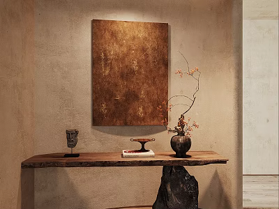 Earthy Tone Interior With Wooden Console Table Vase Flower Branch Decorative Item And Books 3d model