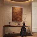 Earthy Tone Interior With Wooden Console Table Vase Flower Branch Decorative Item And Books