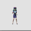 3D Female Character Model with Green Hair Purple Uniform Hat Red Cuffs and White Gloves