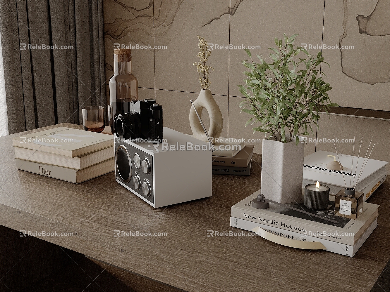 Modern Dining Table Ornaments Camera Radio Vase Dried Pots 3d model