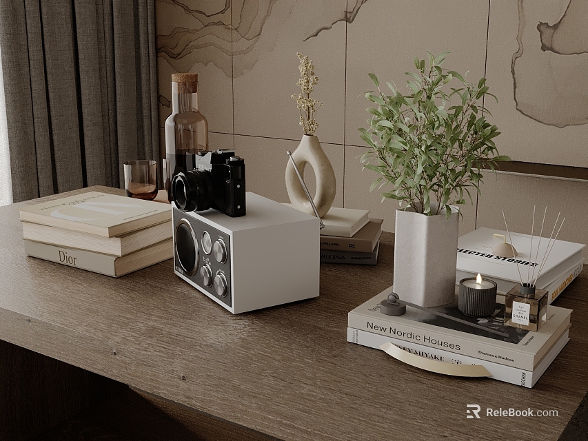 Inflatable Decorative Model On Wooden Desk With Camera Books And Plants 3d model 