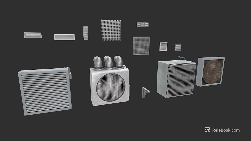 Industrial Factory Equipment With Metal Ventilation Grilles And Cylindrical Components 3d model 