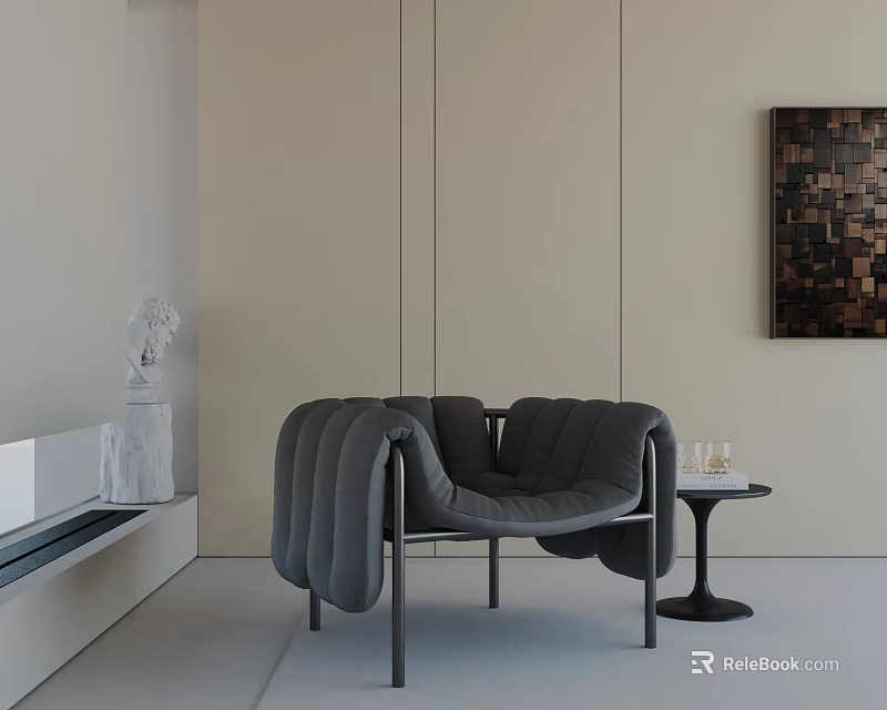 Modern Black Padded Leisure Chair With Side Table Glass Cups And Abstract Painting 3d model 