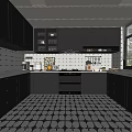 Modern Kitchen Interior With Black Cabinets Black White Geometric Floor Tile Backsplash And Appliances