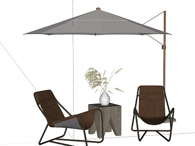 Outdoor Landscape Seating With Two Brown Chairs Small Table Vase And Umbrella 3d model