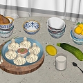 Dumpling bowl lemon cucumber milk spoon cup pear 3d model