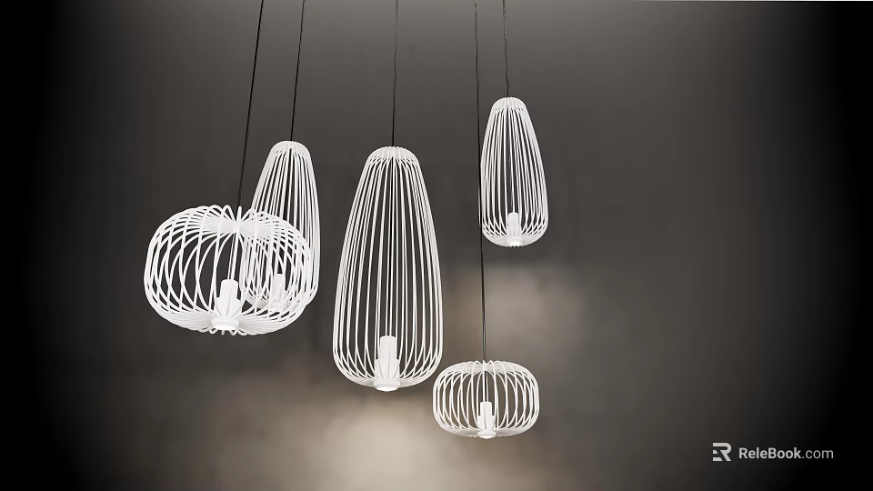 Modern White Wireframe Pendant Lights With Unique Shapes Hanging In Dark Setting 3d model 
