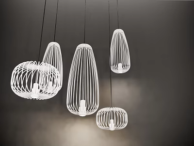 Modern White Wireframe Pendant Lights With Unique Shapes Hanging In Dark Setting 3d model