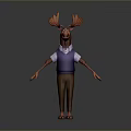 Cartoon Moose With Red Antlers Purple Vest White Shirt Brown Pants Standing On Gray Background