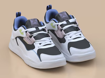 Stylish White And Black Casual Sneakers With Blue Lining Pink Accents And White Sole 3d model
