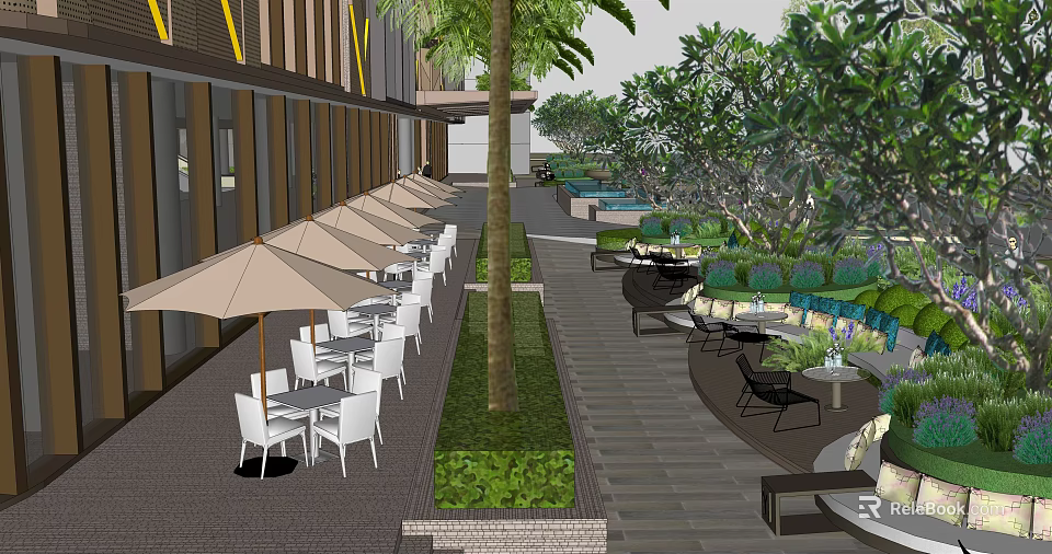 Commercial Landscape With Outdoor Dining White Tables Chairs Umbrellas Green Plants Trees And Paved Walkway 3d model 