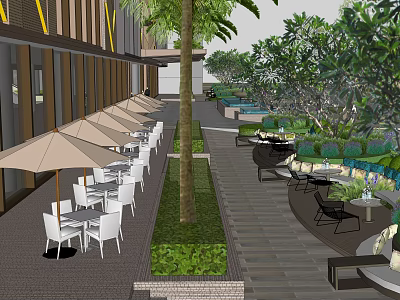 Commercial Landscape With Outdoor Dining White Tables Chairs Umbrellas Green Plants Trees And Paved Walkway 3d model