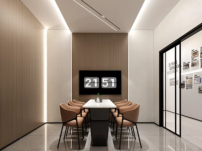 Modern Lounge Area Featuring Long Table Brown Chairs Wooden Walls Digital Clock And Display Shelves 3d model
