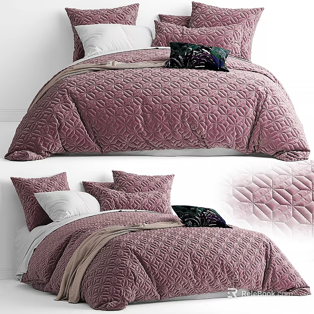 Double Bed With Purple Velvet Quilted Bedspread And Decorative Pillows 3d model 