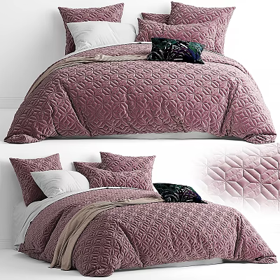 Double Bed With Purple Velvet Quilted Bedspread And Decorative Pillows 3d model