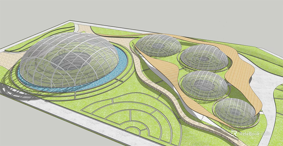 Modern Landscape Design With Domed Structures Green Lawns Winding Pathways And Water Feature 3d model 