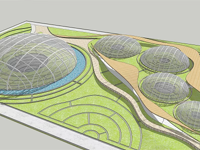 Modern Landscape Design With Domed Structures Green Lawns Winding Pathways And Water Feature 3d model