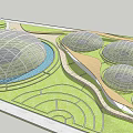 Modern Landscape Design With Domed Structures Green Lawns Winding Pathways And Water Feature