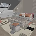 Children's Attic Room with Sloped Ceiling Skylight Desk Bed Rug Pillows Stool and Table Lamp