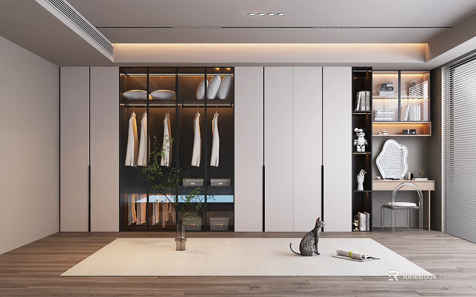 Modern Wardrobe Interior With Glass Door Hanging Clothes Built-in Bookshelf And Study Desk 3d model 