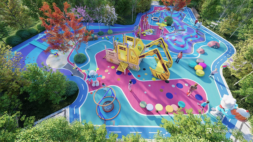 Kids Playground With Colorful Ground Excavator Shaped Play Equipment Circular Mats And Trees 3d model 