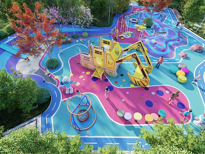 Kids Playground With Colorful Ground Excavator Shaped Play Equipment Circular Mats And Trees 3d model
