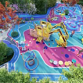 Kids Playground With Colorful Ground Excavator Shaped Play Equipment Circular Mats And Trees