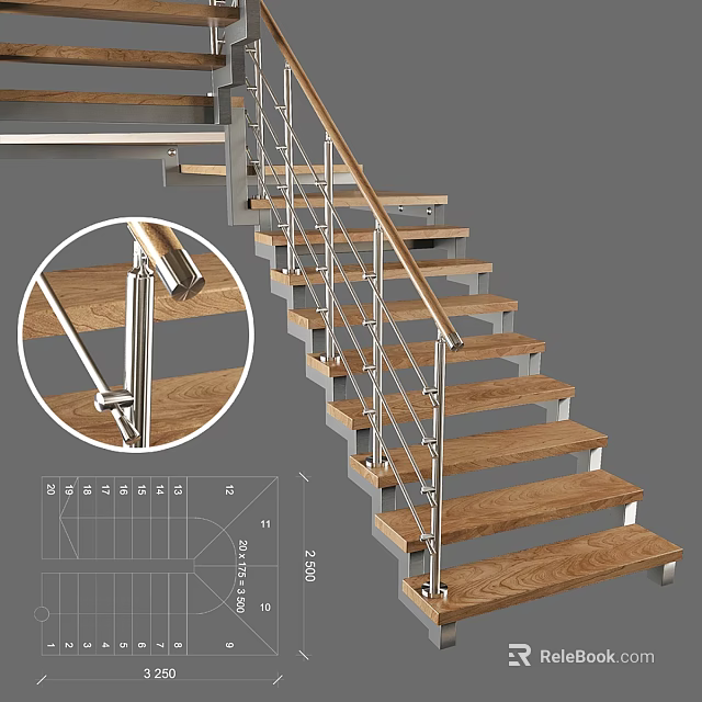 Modern Stairs Design With Wooden Steps Metal Railings And Detailed Drawings 3d model 