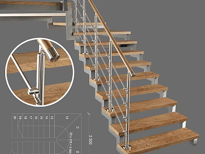 Modern Stairs Design With Wooden Steps Metal Railings And Detailed Drawings 3d model
