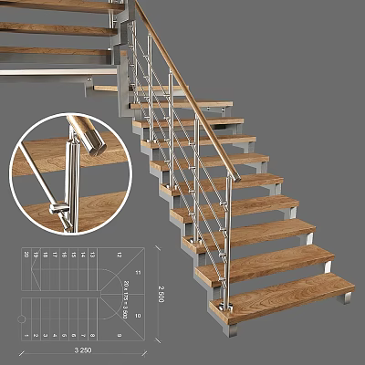 Modern Stairs Design With Wooden Steps Metal Railings And Detailed Drawings 3d model