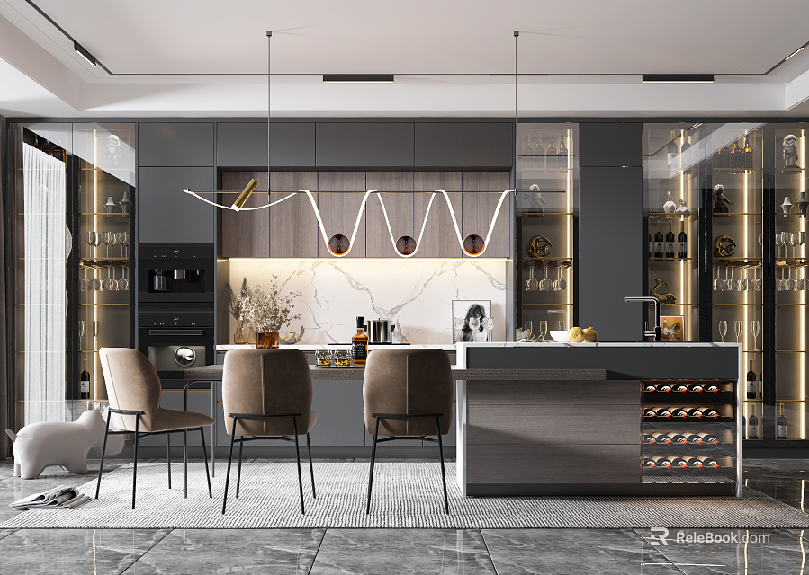 Modern Kitchen Interior Featuring Dark Cabinets Marble Island Pendant Lights Dining Chairs And Wine Rack 3d model 