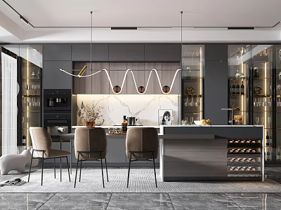 Modern Kitchen Interior Featuring Dark Cabinets Marble Island Pendant Lights Dining Chairs And Wine Rack 3d model