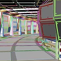 Cartoon Scene Of Future Corridor With White Walls Blue Lines And Geometric Floor Design