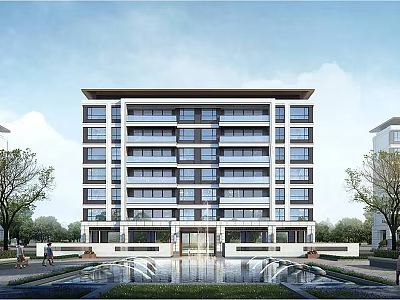 Modern Mid Rise Apartment Building With Balconies Front Water Feature And Trees Around 3d model