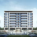 Modern Mid Rise Apartment Building With Balconies Front Water Feature And Trees Around