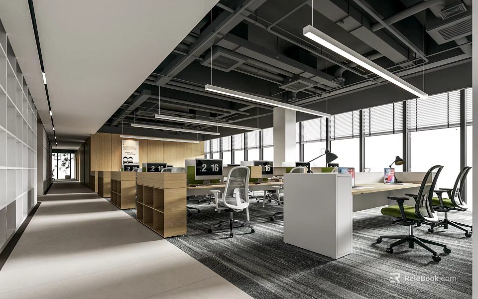 Modern Open Public Office Space With Work Desks Office Chairs Large Windows And Hanging Lights 3d model 