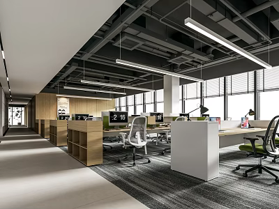 Modern Open Public Office Space With Work Desks Office Chairs Large Windows And Hanging Lights 3d model