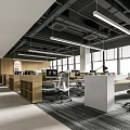Modern Open Public Office Space With Work Desks Office Chairs Large Windows And Hanging Lights