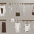 Wooden Hooks On Wall Hanging White Clothes Brown Bags And Hat For Storage