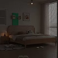 Wooden Double Bed With Woven Headboard Pillows Blanket Nightstand Table Lamp Window Blinds And Wall Art