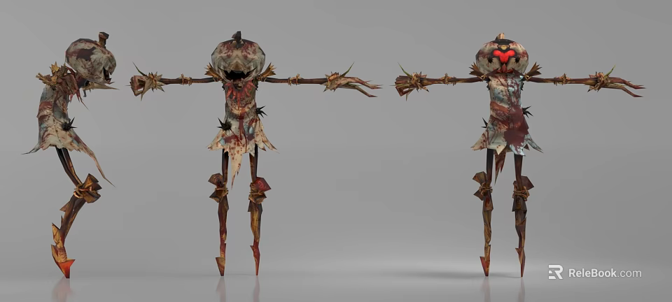 Fantasy Horror Game Movie Scarecrow Character With Pumpkin Head Spikes Tattered Clothes And Red Eyes 3d model 