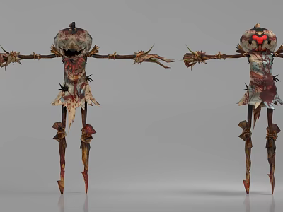 Fantasy Horror Game Movie Scarecrow Character With Pumpkin Head Spikes Tattered Clothes And Red Eyes 3d model